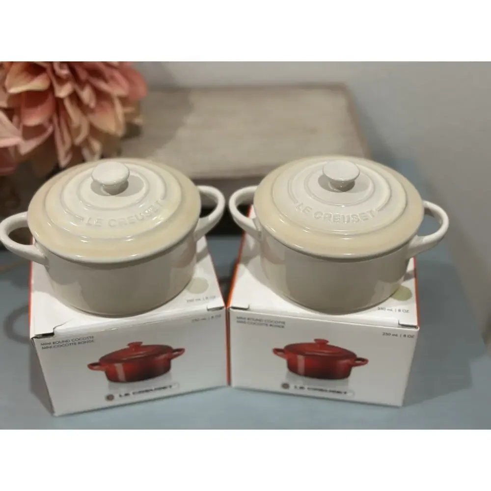 2 Le Creuset Stoneware Mini Cocotte W/Lid 10cm / 8oz ~ DUNE NIB